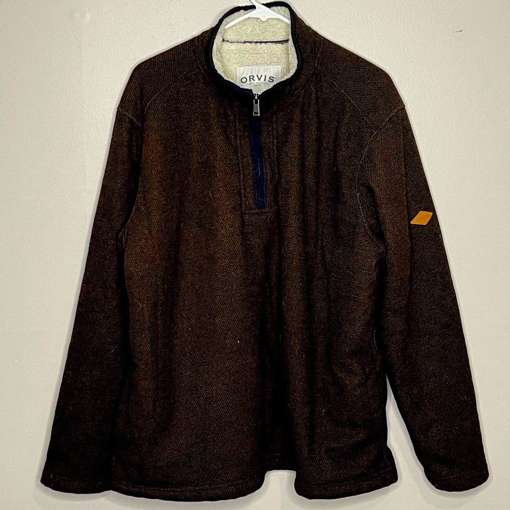Orvis Mens Fleece Pullover Shirt L‎ Dark Brown Sherpa Lined 1/4 Zip Polyester